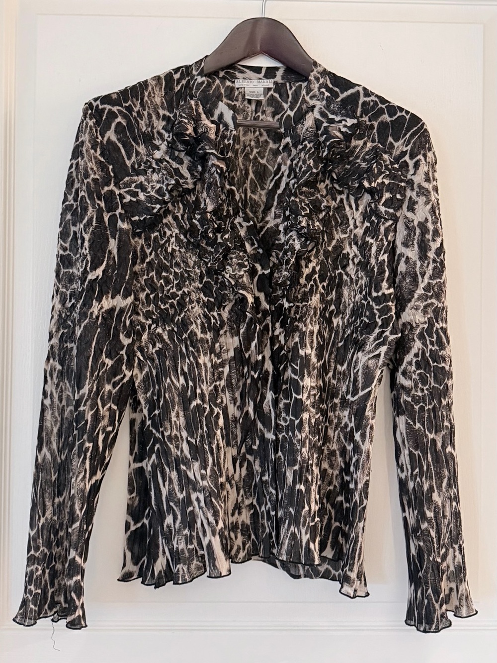 Alberto Makali Leopard Ruffle Front Long Sleeve Blouse